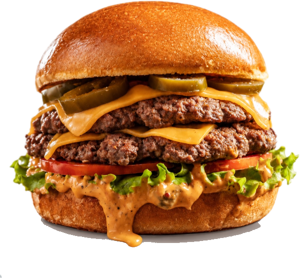 Double smash burger with jalapeños, melted cheese, lettuce, tomato and Hood sauce